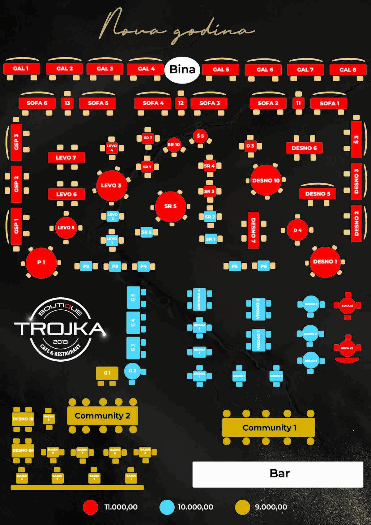 Mapa sedenja - Restoran Boutique Trojka Nova godina